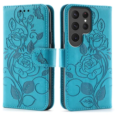 For Samsung Galaxy S24 Ultra Case Wallet Stand Imprinted Rose Butterfly PU Leather Phone Cover - Blue