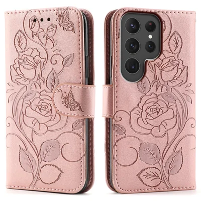 For Samsung Galaxy S25 Ultra Case Wallet Stand Imprinted Rose Butterfly PU Leather Phone Cover - Rose Gold