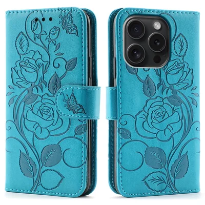 For iPhone 15 Pro Max Case Wallet Stand Imprinted Rose Butterfly PU Leather Phone Cover - Blue