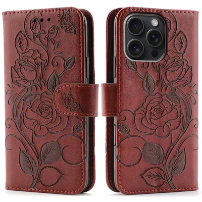 For iPhone 16 Pro Max Case Wallet Stand Imprinted Rose Butterfly PU Leather Phone Cover - Brown