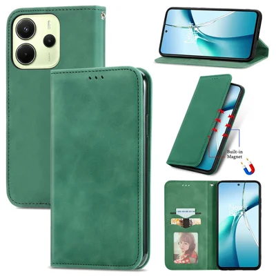 For Xiaomi Redmi Note 14 4G (164.84mm) Leather Case with Card Holder Magnetic Absorption Phone Cover - Green