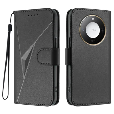 For Honor X9c Smart 5G / Honor X60 5G Case Triangle Imprint Leather Phone Cover with Lanyard - Black
