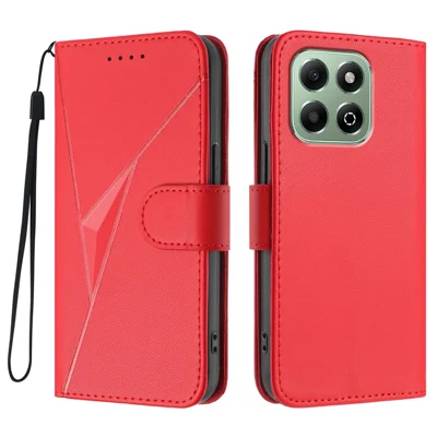 For Honor X6a 4G / Honor X6b 4G Case Triangle Imprint Leather Phone Cover with Lanyard - Red