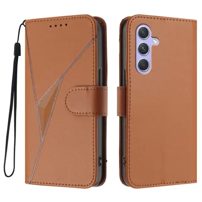 Samsung Galaxy A55 5G-hoes met driehoekmotief en leren telefoonhoes met lanyard - Koffie