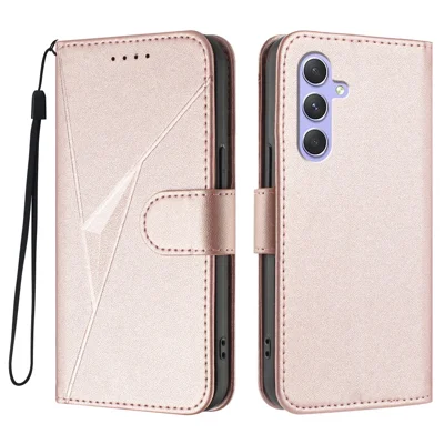 For Samsung Galaxy A55 5G Case Triangle Imprint Leather Phone Cover with Lanyard - Rose Gold