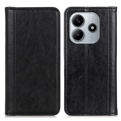 غطاء هاتف بتصميم حافظة بفتحة قابلة للطي لهاتف Xiaomi Redmi Note 14 4G (164.84 مم)، من جلد مقسّم بنسيج تين نجمي، أسود