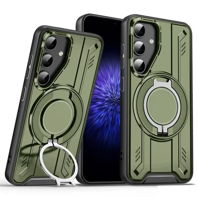 For Samsung Galaxy S25+ Magnetic Case Rotating Ring Kickstand PC + TPU Shockproof Phone Cover - Green