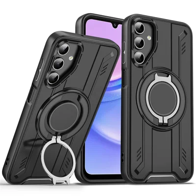 For Samsung Galaxy S24 FE Magnetic Case Rotating Ring Kickstand PC + TPU Shockproof Phone Cover - Black