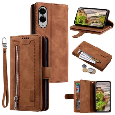For Samsung Galaxy S25 Edge Case PU Leather Phone Cover with Zipper Wallet 9 Card Slots - Brown