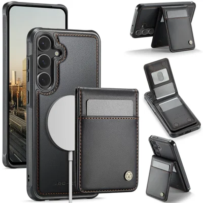 JEEHOOD For Samsung Galaxy S23 FE Leather Back Cover Magnetic Case  J06 Phone Case with Card Bag RFID Blocking - Black