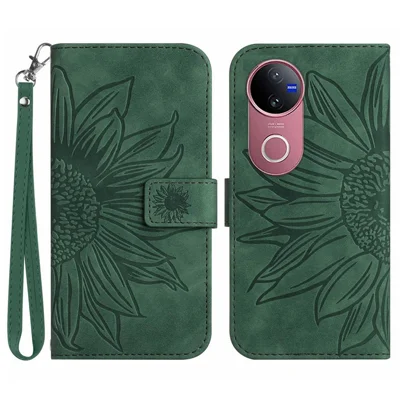 For vivo V50 5G Case Sunflower Imprint Leather Wallet Phone Cover with Wrist Strap - Dark Green