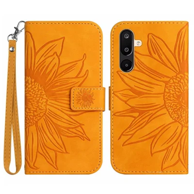 For Samsung Galaxy M16 5G / F16 5G Case Sunflower Imprint Leather Wallet Phone Cover with Wrist Strap - Yellow