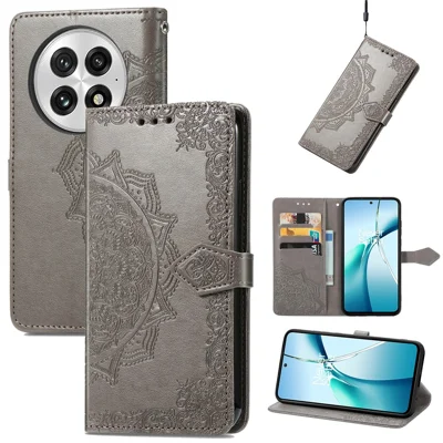 For OnePlus 13 Wallet Case Mandala Flower Leather Phone Cover Stand - Grey