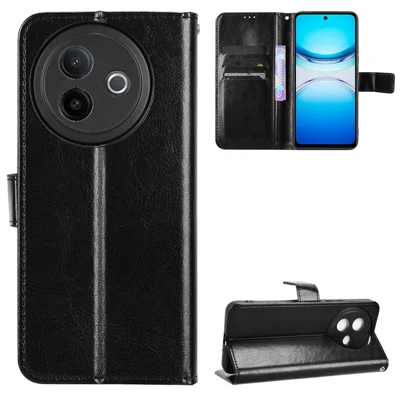 For vivo Y39 5G PU Leather Case with Strap Crazy Horse Texture Phone Wallet Cover - Black