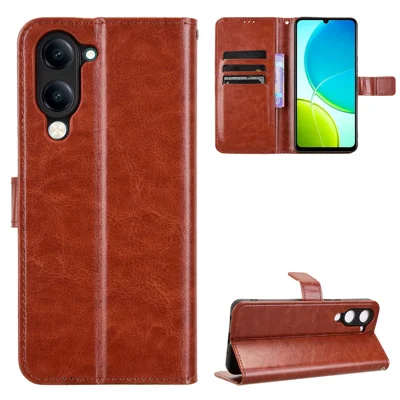 For vivo Y29s 5G / vivo Y04 4G PU Leather Case with Strap Crazy Horse Texture Phone Wallet Cover - Brown