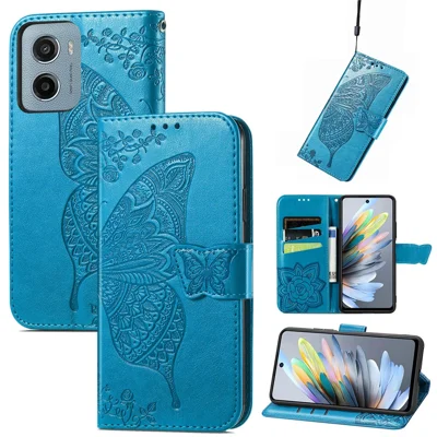 Voor Motorola Moto G05 4G hoesje met bandje vlindermotief PU leer portemonnee telefoonhoes - Blauw