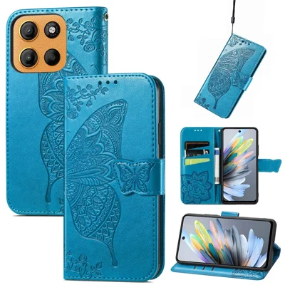 Voor Motorola Moto G15 4G hoesje met bandje vlindermotief PU leer portemonnee telefoonhoes - Blauw