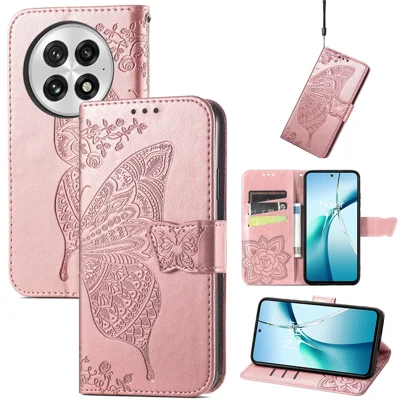 For OnePlus 13 Case with Strap Butterfly Pattern PU Leather Wallet Phone Cover - Rose Gold