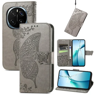 For Honor Magic7 5G Case with Strap Butterfly Pattern PU Leather Wallet Phone Cover - Grey