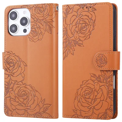 For iPhone 16 Pro Max Case Rose Flower Wallet PU Leather Phone Cover with 3 Card Slots - Brown
