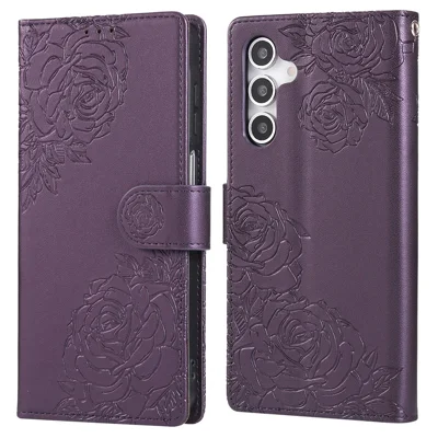 For Samsung Galaxy A16 4G / 5G Case Rose Flower Wallet PU Leather Phone Cover with 3 Card Slots - Dark Purple
