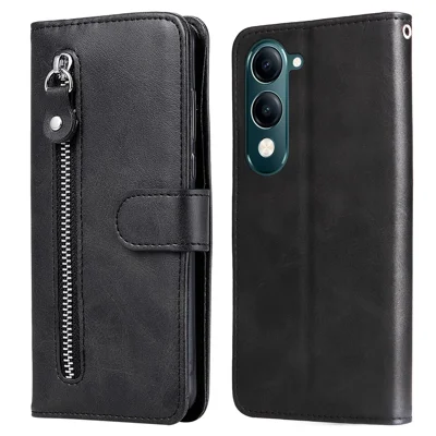 For vivo Y29s 5G / Y04 4G Case Zipper Wallet Calf Texture PU Leather Phone Cover - Black