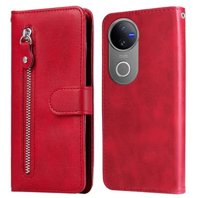 For vivo V50 5G Case Zipper Wallet Calf Texture PU Leather Phone Cover - Red