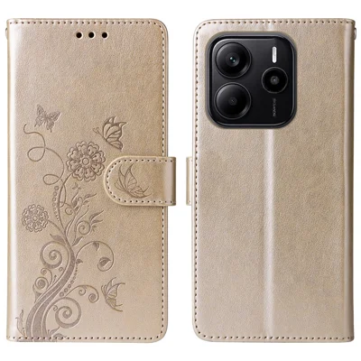 حالة لـ Xiaomi Redmi Note 14 4G (164.84 مم) بتصميم فراشة ونقوش زهور، غطاء جلد بحامل ومحفظة - ذهبي