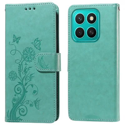 Voor Honor X8c 4G hoesje met vlinder- en bloemenprint portemonnee staande leer telefoonhoes - Groen