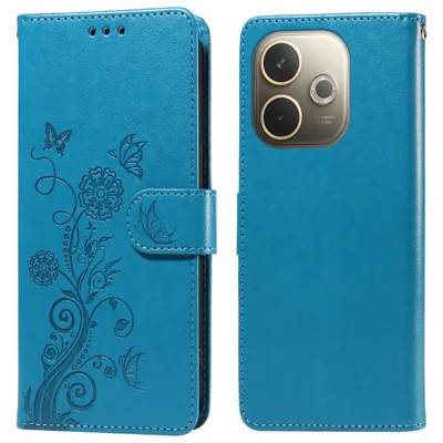 Folia na Oppo A5 Pro 4G (Global) / 5G (Global) / A5 Energy 5G (Chiny) z motywem motyla i kwiatów, etui portfelowe ze standem, skórzana obudowa na telefon - niebieska
