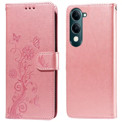 For vivo Y29s 5G / Y04 4G Case Butterfly Floral Imprint Wallet Stand Leather Phone Cover - Pink