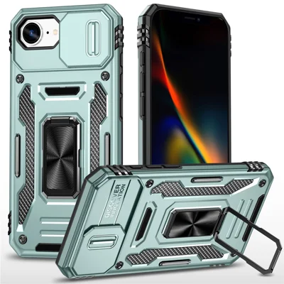 Voor iPhone 16e hoesje met standaard en schuifdeksel voor lens PC + TPU valbestendig telefoonhoesje - Groen