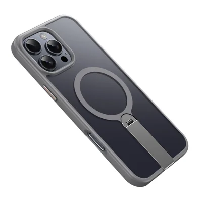 Voor iPhone 16 Pro Max hoesje compatibel met MagSafe draaibare rechte standaard TPU + PC matte telefoonhoes - Grijs