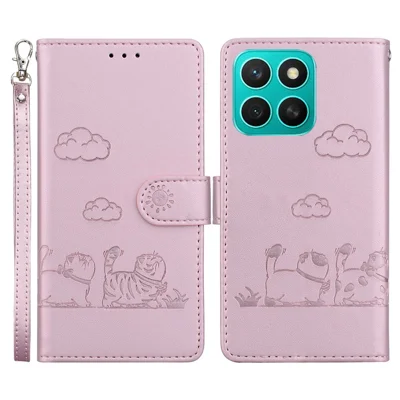 Voor Honor X8c 4G Hoesje RFID Blokkering Met Kattenmotief TPU + PU Leren Telefoonhoes - Roze