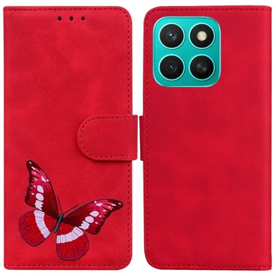 For Honor X8c 4G Stand Case PU Leather Phone Cover Butterfly Printed - Red