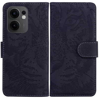 Til Oppo Reno13 F 5G (Reno 13 FS 5G) / 4G Case med tigertryk i læderlommebeslag til telefon - Sort