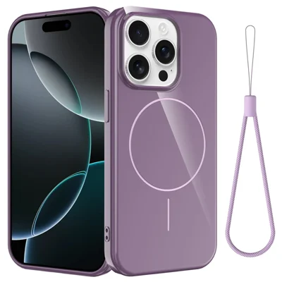 For iPhone 15 Pro Max Magnetic Case Compatible with MagSafe TPU Phone Back Cover with Lanyard - Purple