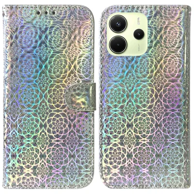غطاء واقٍ بتصميم زهرة براقة لهاتف شاومي ريدمي نوت 14 4G (164.84 مم) مع حامل وغطاء جلدي - رمادي