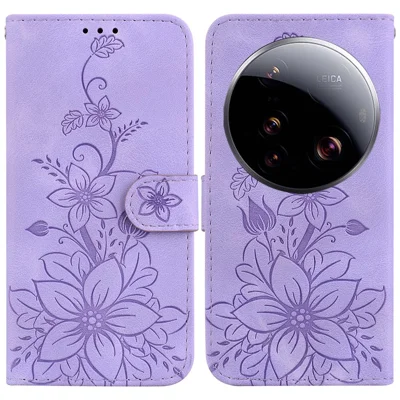 Xiaomi 15 Ultra-hoesje met leliebloemenprint in lederen uitvoering met standaardfunctie - Paars