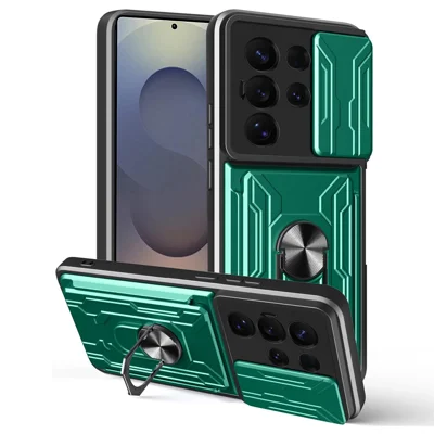 For Samsung Galaxy S25 Ultra Case PC + TPU Kickstand Phone Back Cover with Camera Slider - Blackish Green