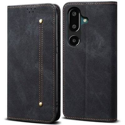For Samsung Galaxy M16 5G / F16 5G Case Jeans Cloth Texture Anti-Scratch Leather Stand Phone Cover - Black