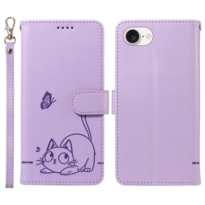 For iPhone 17e / 16e Wallet Case Cat Pattern Imprint Leather Phone Cover with Wrist Strap - Light Purple