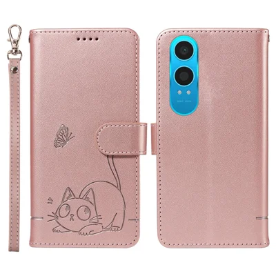 Wallet Case for OnePlus Nord CE4 Lite 5G / Oppo K12x 5G (China) Cat Pattern Imprint Leather Phone Cover with Wrist Strap - Rose Gold