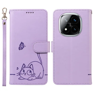 Wallet Case for Xiaomi Redmi Note 14 Pro 5G / 14 Pro+ 5G / Poco X7 5G Cat Pattern Imprint Leather Phone Cover with Wrist Strap - Light Purple