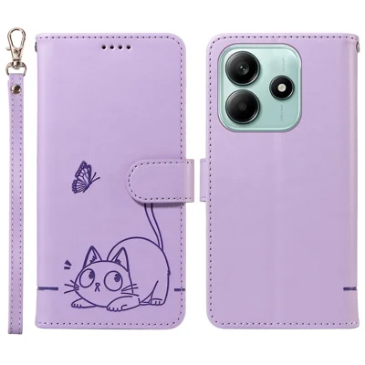 Wallet Case for Xiaomi Redmi Note 14 5G / Poco M7 Pro 5G Cat Pattern Imprint Leather Phone Cover with Wrist Strap - Light Purple