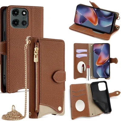 For Motorola Moto G 5G (2025) Wallet Case Fishtail Design Leather Phone Cover with Mirror / Stand / Strap - Brown