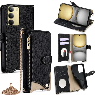 For Realme C75 4G / 14x 5G Wallet Case Fishtail Design Leather Phone Cover with Mirror / Stand / Strap - Black