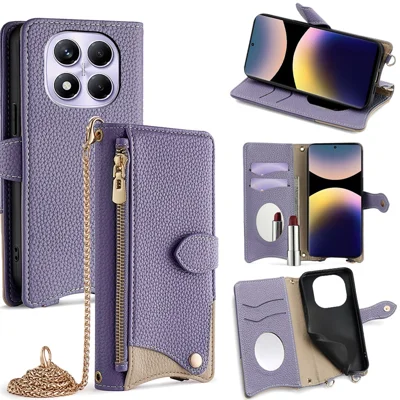 For Xiaomi Redmi Note 14 Pro 4G Wallet Case Fishtail Design Leather Phone Cover with Mirror / Stand / Strap - Purple