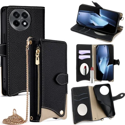 For OnePlus Ace 5 5G / 5 Pro 5G Wallet Case Fishtail Design Leather Phone Cover with Mirror / Stand / Strap - Black