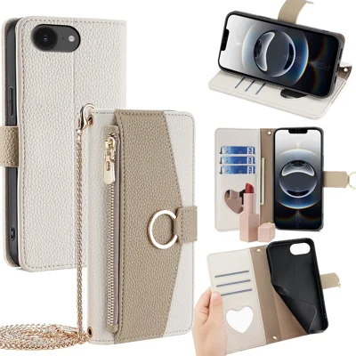 For iPhone 17e / 16e Case Mirror Wallet Leather Phone Cover with Chain Shoulder Strap - White